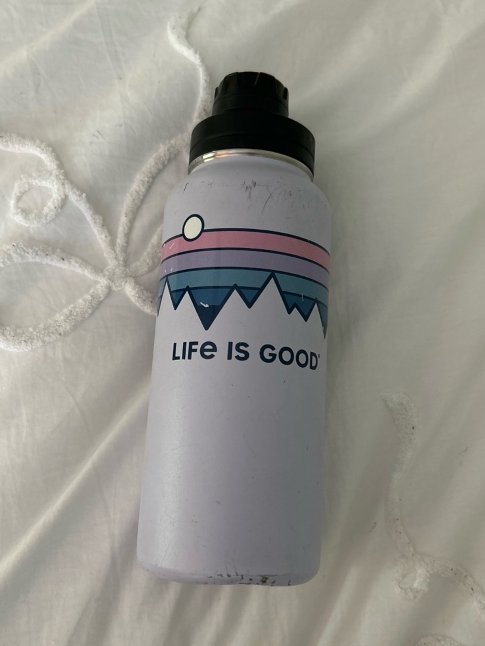 Life Is Good Lavender Water Bottle with Pastel Mountain Design